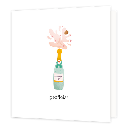 Proficiat - Formaat: Normaal - Vorm: Vierkant - Felicitatiekaart - Op deze wenskaart staat een champagnefles die ontpopt met daaronder de tekst: "Proficiat". - Snelwenskaart