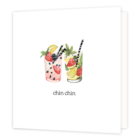 Chin chin - Formaat: Normaal - Vorm: Vierkant - Proost kaart - Op deze wenskaart staan twee cocktails op een witte achtergrond met daaronder de tekst: "Chin chin". - Snelwenskaart