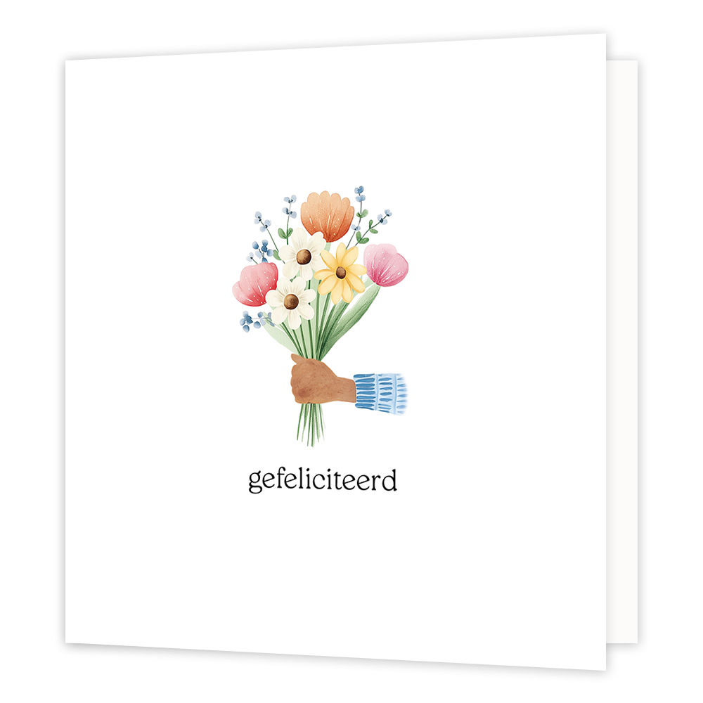 Gefeliciteerd - Formaat: Klein - Vorm: Vierkant - Felicitatiekaart - Op deze wenskaart staat een illustratie van een hand die een kleurrijk boeket bloemen vasthoudt. De hand draagt een mouw met een blauw-wit streeppatroon en het boeket bestaat uit verschillende soorten bloemen in tinten van roze, oranje, wit en geel, aangevuld met groen blad en blauwe besjes. Onder het boeket staat de tekst "gefeliciteerd". - Snelwenskaart