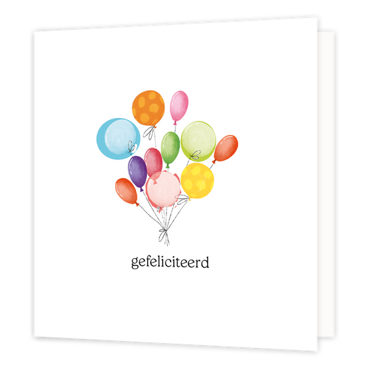 Gefeliciteerd - Formaat: Normaal - Vorm: Vierkant - Felicitatiekaart - Op deze wenskaart staat een ballonnenbos met de kleuren blauw, paars, rood, roze, geel en groen met daaronder de tekst: "Gefeliciteerd". - Snelwenskaart