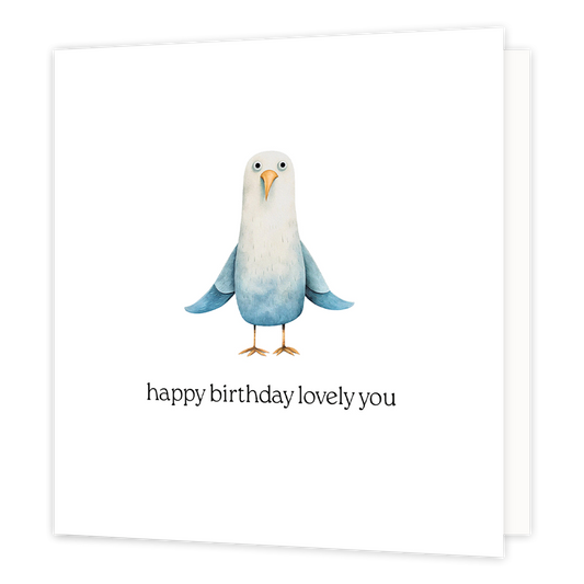 Happy birthday lovely you - Formaat: Normaal - Vorm: Vierkant - Verjaardagskaart - Op deze wenskaart staat een witte met blauwe vogel met daaronder de tekst: "Happy birthday lovely you". - Snelwenskaart