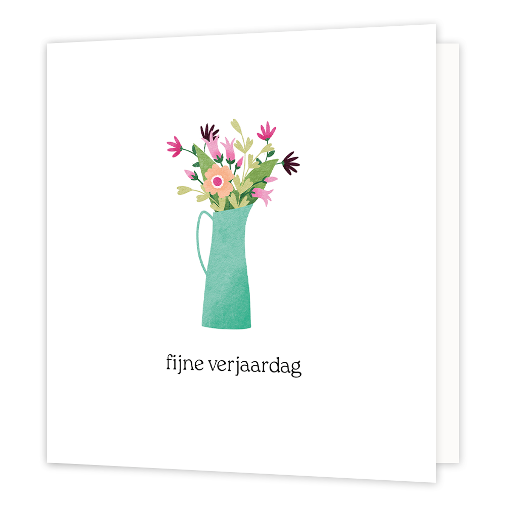 Fijne verjaardag - Formaat: Normaal - Vorm: Vierkant - Verjaardagskaart - Op deze wenskaart staat een vaas met bloemen in de kleuren oranje, roze en donkerpaars. Daaronder staat de tekst: "Fijne verjaardag". - Snelwenskaart