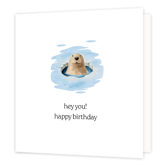 Hey you! Happy birthday - Formaat: Normaal - Vorm: Vierkant - Verjaardagskaart - Op deze wenskaart staat een zeeleeuw die uit een gat ijs omhoog kijkt. Daaronder staat de tekst: "Hey you! Happy birthday". - Snelwenskaart
