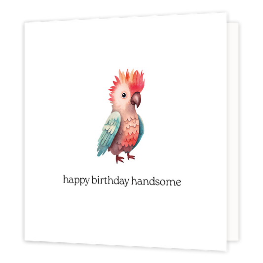 Happy birthday handsome - Formaat: Normaal - Vorm: Vierkant - Verjaardagskaart - Op deze wenskaart staat een papegaai met daaronder de tekst: "Happy birthday handsome". - Snelwenskaart