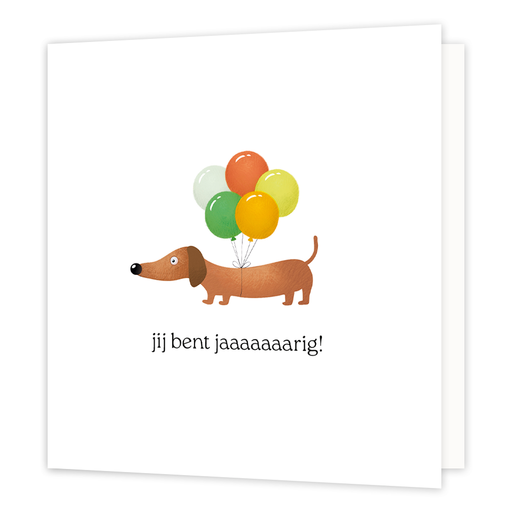 Jij bent jarig! - Formaat: Normaal - Vorm: Vierkant - Verjaardagskaart - Op deze wenskaart staat een teckel met een bos ballonnen met daaronder de tekst: "Jij bent jaaaaaaarig!". - Snelwenskaart