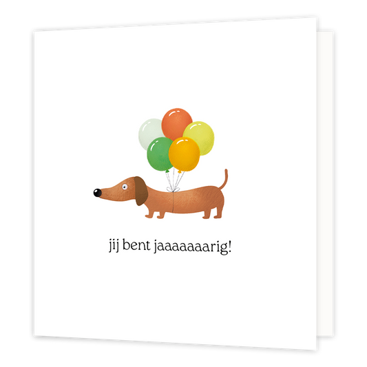 Jij bent jarig! - Formaat: Normaal - Vorm: Vierkant - Verjaardagskaart - Op deze wenskaart staat een teckel met een bos ballonnen met daaronder de tekst: "Jij bent jaaaaaaarig!". - Snelwenskaart