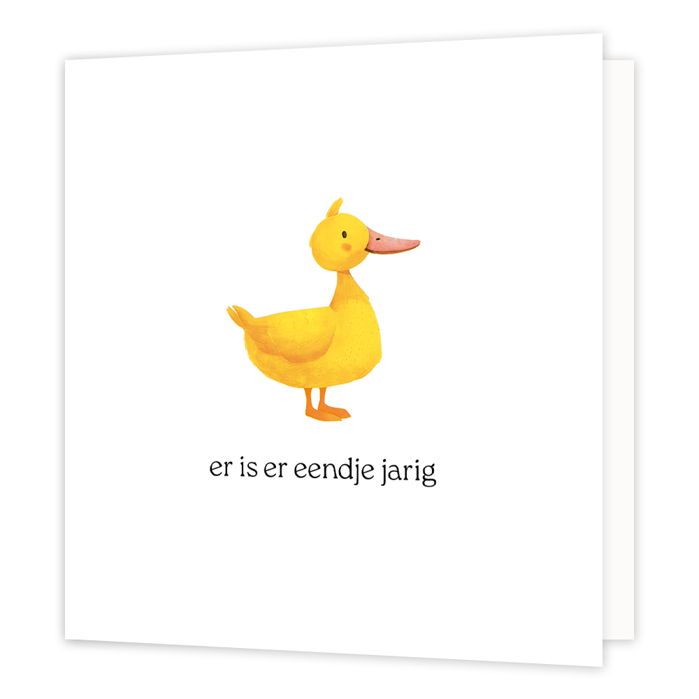 Er is er eendje jarig - Formaat: Normaal - Vorm: Vierkant - Verjaardagskaart - Op deze wenskaart staat een gele eend op een witte achtergrond met daaronder de tekst: "Er is een eendje jarig". - Snelwenskaart