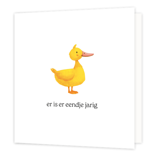 Er is er eendje jarig - Formaat: Normaal - Vorm: Vierkant - Verjaardagskaart - Op deze wenskaart staat een gele eend op een witte achtergrond met daaronder de tekst: "Er is een eendje jarig". - Snelwenskaart