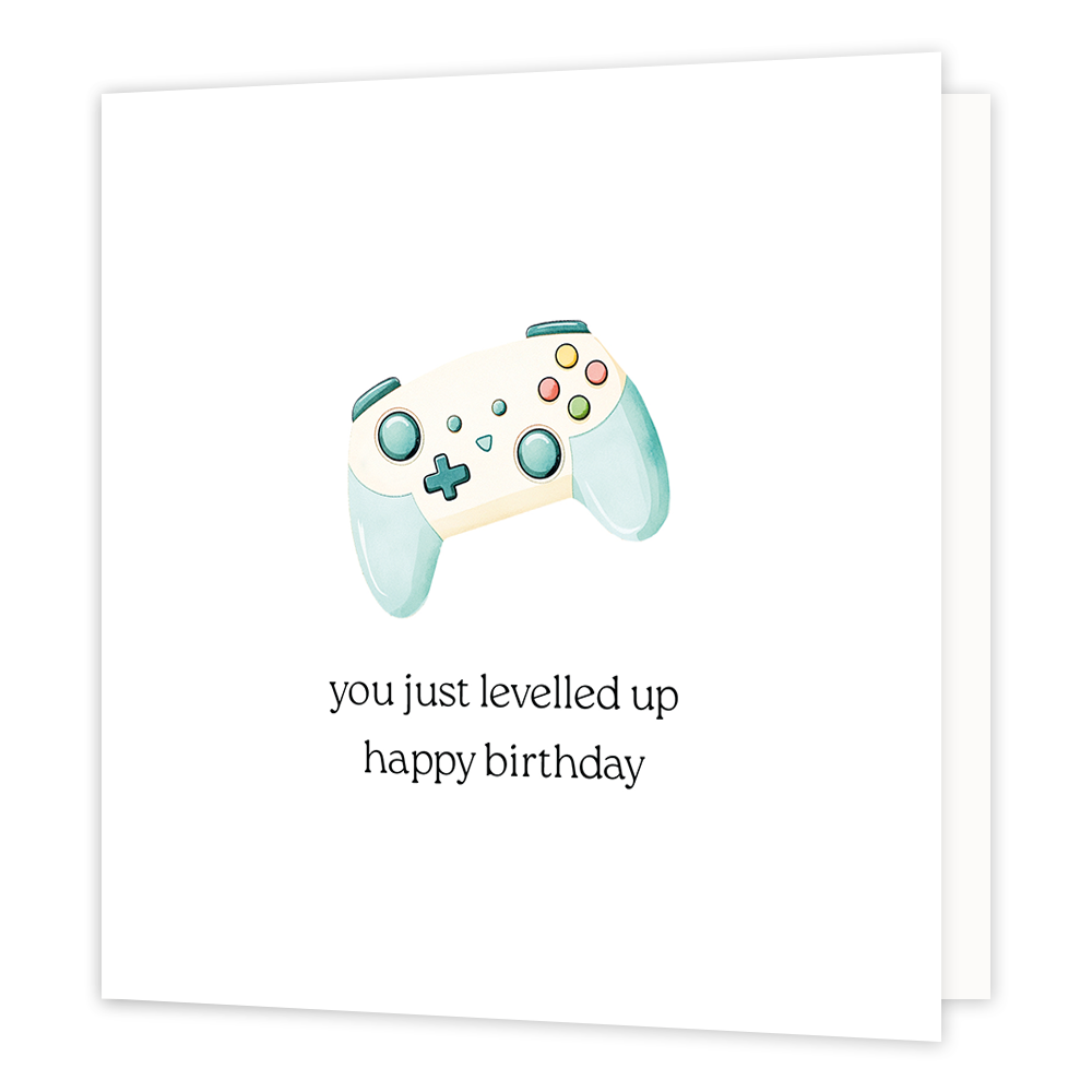 You just levelled up happy birthday - Formaat: Normaal - Vorm: Vierkant - Verjaardagskaart - Op deze wenskaart staat een gamecontroler met daaronder de tekst: "You just levelled up happy birthday". - Snelwenskaart