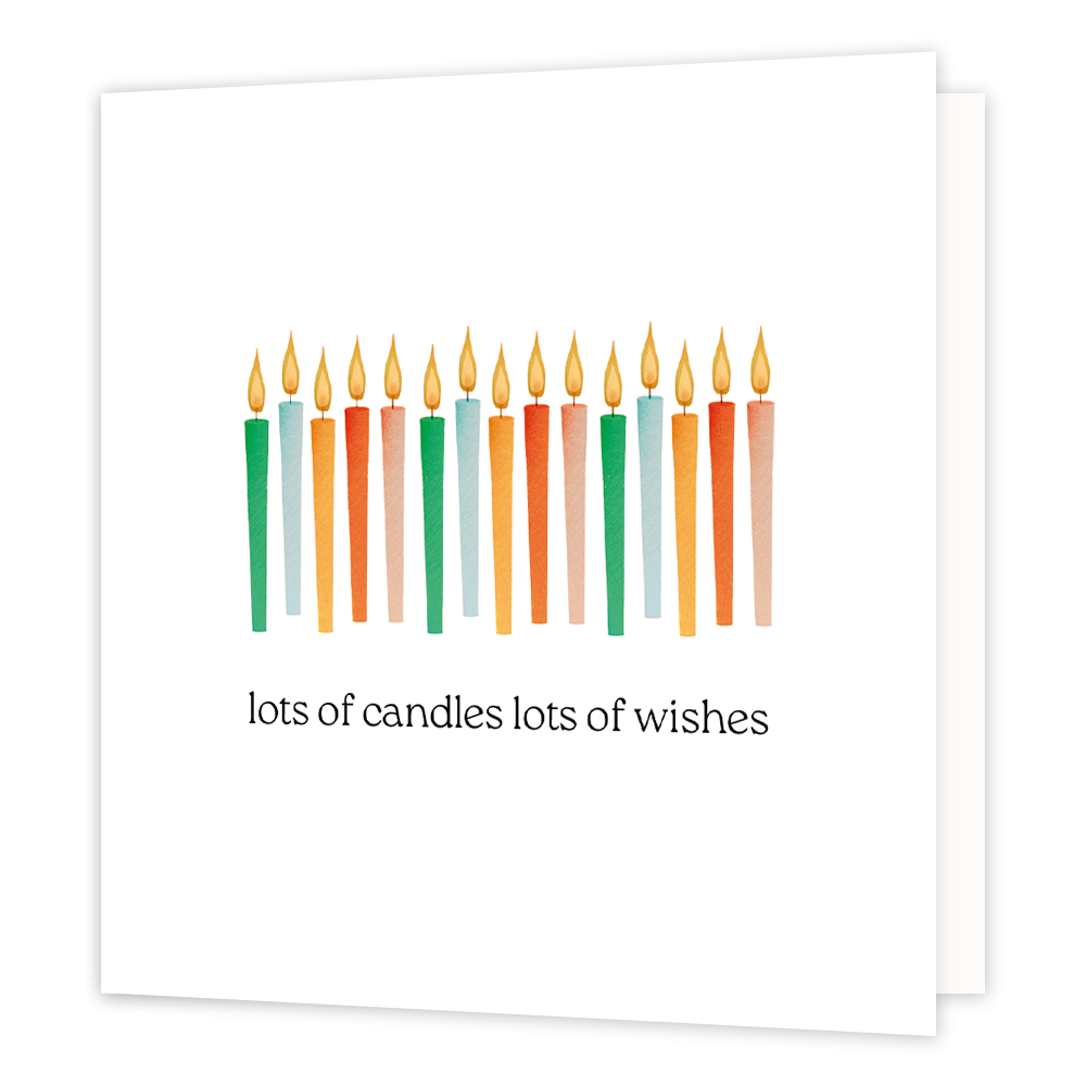 Lots of candles lots of wishes - Formaat: Normaal - Vorm: Vierkant - Verjaardagskaart - Op deze wenskaart staan kaarsen op een witte achtergrond met daaronder de tekst: "Lots of candles lots of wishes". - Snelwenskaart