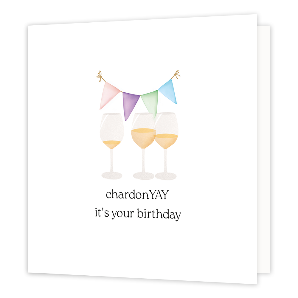 ChardonYAY it's your birthday - Formaat: Normaal - Vorm: Vierkant - Verjaardagskaart - Op deze wenskaart staan drie glazen wijn met vlaggetjes met daaronder de tekst: "CharonYAY it's your birthday". - Snelwenskaart