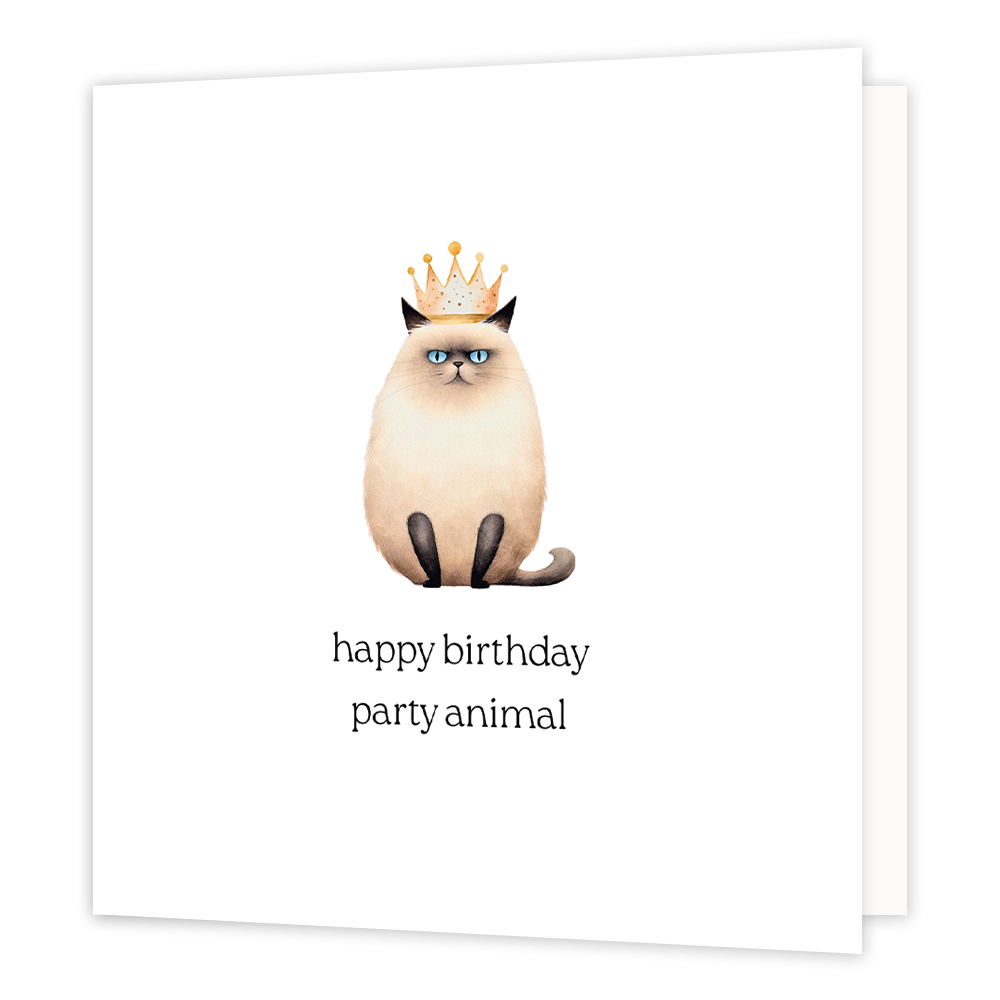 Happy birthday party animal - Formaat: Normaal - Vorm: Vierkant - Verjaardagskaart - Op deze wenskaart staat een kat met een gouden kroon met daaronder de tekst: "Happy birthday party animal". - Snelwenskaart