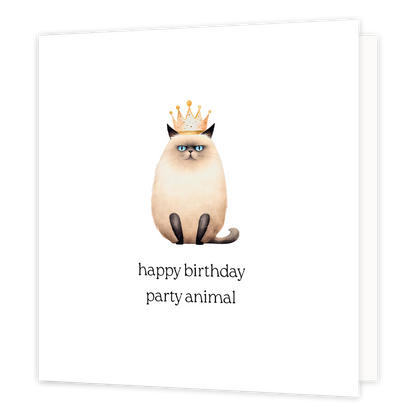 Happy birthday party animal - Formaat: Normaal - Vorm: Vierkant - Verjaardagskaart - Op deze wenskaart staat een kat met een gouden kroon met daaronder de tekst: "Happy birthday party animal". - Snelwenskaart