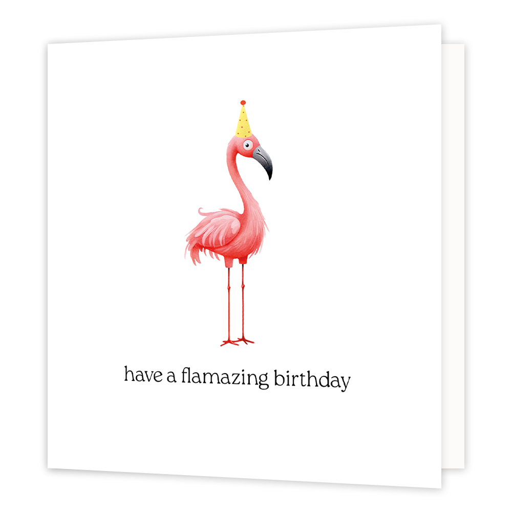 Have a flamazing birthday - Formaat: Normaal - Vorm: Vierkant - Verjaardagskaart - Op deze wenskaart staat een flamingo met een feesthoedje. Daaronder staat de tekst: "Have a flamazing birthday". - Snelwenskaart