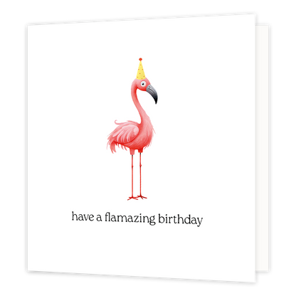 Have a flamazing birthday - Formaat: Normaal - Vorm: Vierkant - Verjaardagskaart - Op deze wenskaart staat een flamingo met een feesthoedje. Daaronder staat de tekst: "Have a flamazing birthday". - Snelwenskaart