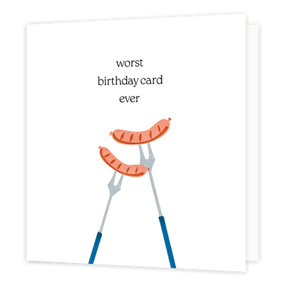 Worst birthday card ever - Formaat: Normaal - Vorm: Vierkant - Verjaardagskaart - Op deze wenskaart staan twee worsten die op tweetands vorken geprikt zijn. Daarboven staat de tekst: "Worst birthday card ever". - Snelwenskaart
