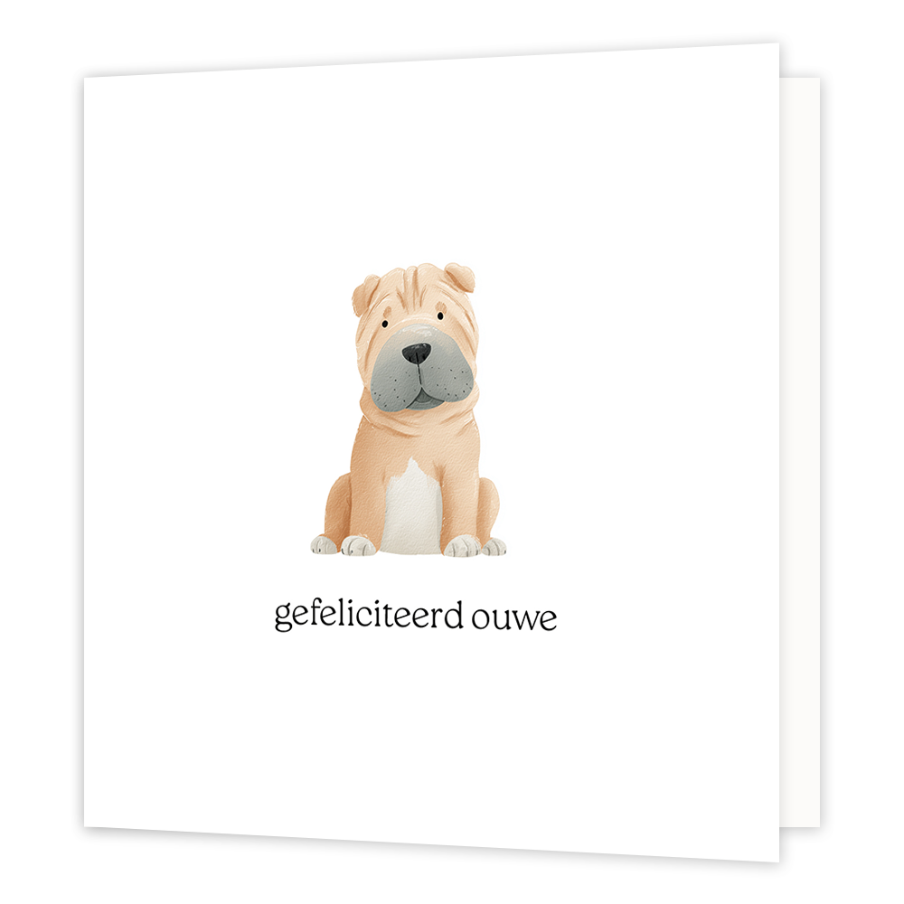 Gefeliciteerd ouwe - Formaat: Klein - Vorm: Vierkant - Felicitatiekaart - Op deze wenskaart staat een getekende Shar-Pei pup afgebeeld die recht vooruit kijkt. De hond heeft een beige vacht, een grijsachtig snuitgedeelte en is zittend weergegeven op een witte achtergrond. Onder de illustratie van de hond staat de tekst "gefeliciteerd ouwe" in zwarte letters. - Snelwenskaart
