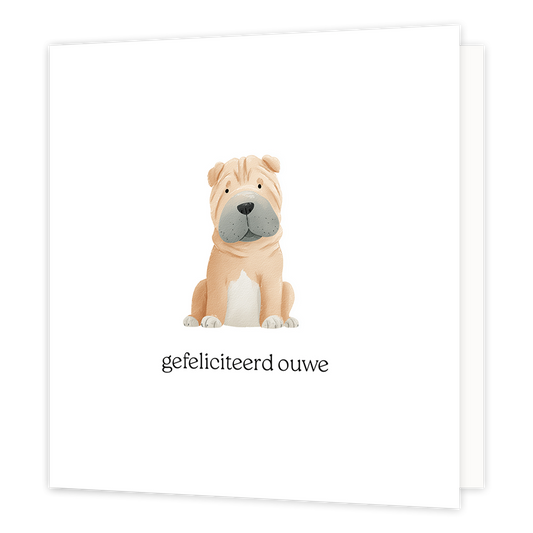 Gefeliciteerd ouwe - Formaat: Klein - Vorm: Vierkant - Felicitatiekaart - Op deze wenskaart staat een getekende Shar-Pei pup afgebeeld die recht vooruit kijkt. De hond heeft een beige vacht, een grijsachtig snuitgedeelte en is zittend weergegeven op een witte achtergrond. Onder de illustratie van de hond staat de tekst "gefeliciteerd ouwe" in zwarte letters. - Snelwenskaart