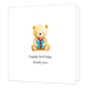 Happy birthday lovely you - Formaat: Klein - Vorm: Vierkant - Verjaardagskaart - Op deze wenskaart staat een getekende teddybeer afgebeeld die recht vooruit kijkt terwijl hij een blauw cadeautje met een rood lint vasthoudt. De beer is lichtbruin van kleur en zit op een witte achtergrond. Onder de illustratie staat de tekst "happy birthday lovely you" in zwarte letters. - Snelwenskaart