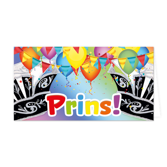 Op deze wenskaart staat de tekst "Prins!" centraal in grote, kleurrijke letters tegen een feestelijke achtergrond vol ballonnen en slingers. Aan de linker- en rechterzijde zijn twee traditionele zwarte carnavalssteken met zilveren versieringen afgebeeld die het middenvlak omlijsten. De scène wordt verlevendigd door zwevende ballonnen in diverse kleuren, wapperende vlaggetjes en verspreide confetti op een kleurrijk verlopende achtergrond.