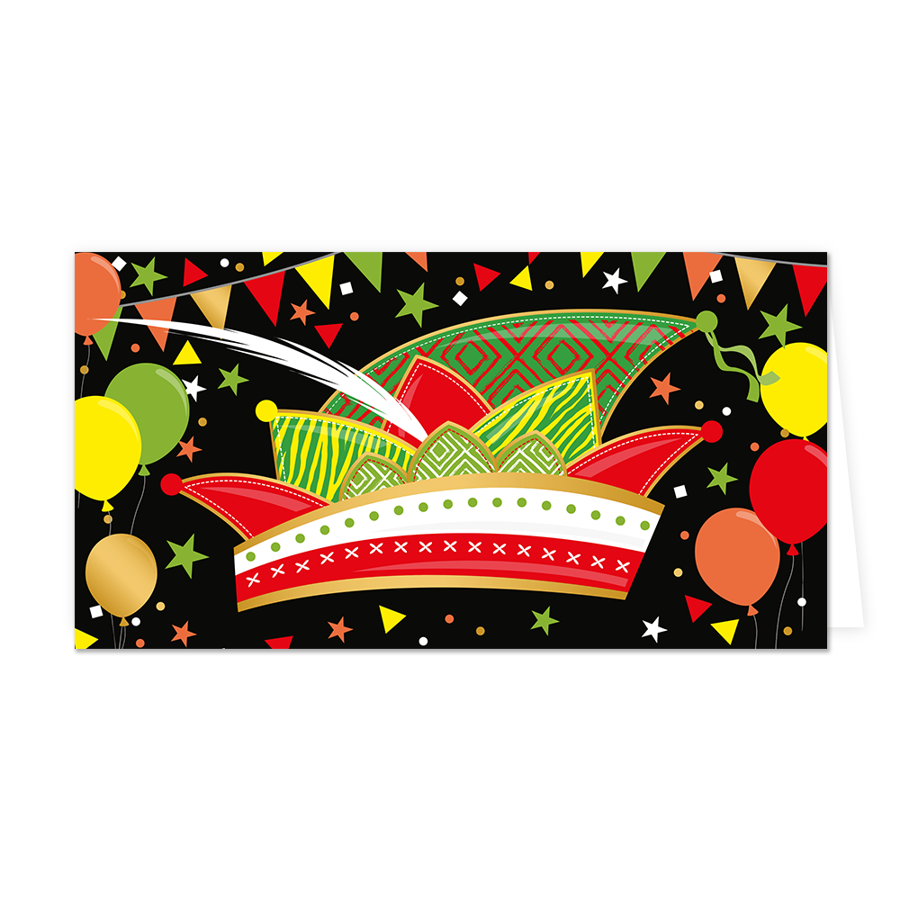 Op deze wenskaart staat een rijk gedecoreerde narrenkap centraal, uitgevoerd in felle kleuren met patronen zoals ruiten en strepen. De illustratie heeft een zwarte achtergrond die is opgevuld met feestelijke elementen zoals kleurrijke ballonnen, slingers met vlaggetjes en verschillende sterren en geometrische vormen. Een opvallende witte, gebogen veerstijl steekt schuin omhoog vanuit het midden van de kap. Er staat geen tekst op deze specifieke illustratie.