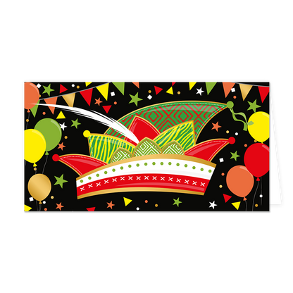 Op deze wenskaart staat een rijk gedecoreerde narrenkap centraal, uitgevoerd in felle kleuren met patronen zoals ruiten en strepen. De illustratie heeft een zwarte achtergrond die is opgevuld met feestelijke elementen zoals kleurrijke ballonnen, slingers met vlaggetjes en verschillende sterren en geometrische vormen. Een opvallende witte, gebogen veerstijl steekt schuin omhoog vanuit het midden van de kap. Er staat geen tekst op deze specifieke illustratie.