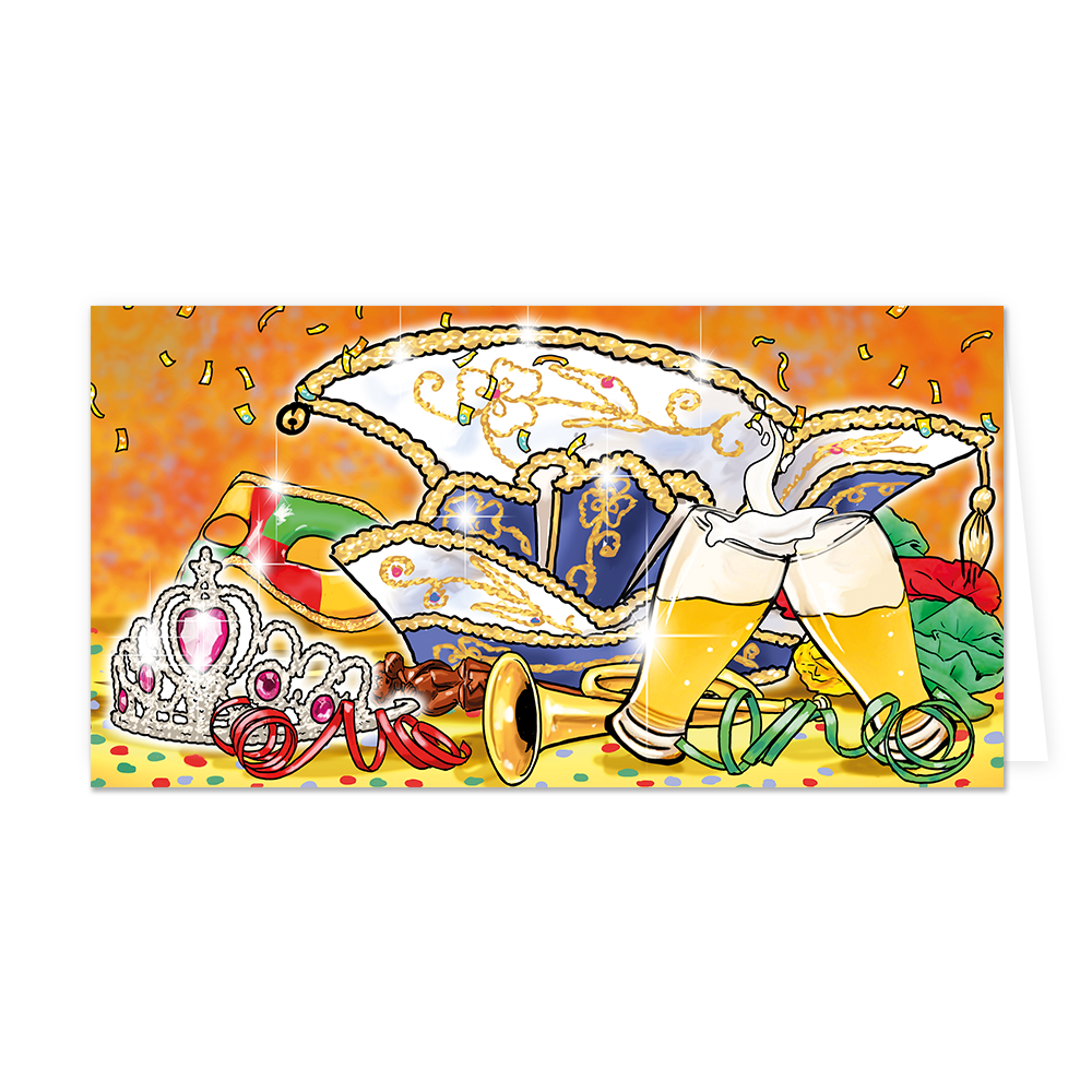 Op deze wenskaart staat een feestelijke illustratie met een blauw-witte carnavalssteek, een fonkelende tiara met roze edelstenen en een kleurrijk masker. Op de voorgrond proosten twee glazen bier met schuimende koppen tegen elkaar, geflankeerd door een gouden trompet en vrolijke kronkelende slingers. De achtergrond is warm oranje en gevuld met dwarrelende gouden confetti en schitteringen die de feestvreugde benadrukken.