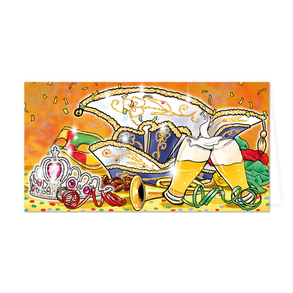 Op deze wenskaart staat een feestelijke illustratie met een blauw-witte carnavalssteek, een fonkelende tiara met roze edelstenen en een kleurrijk masker. Op de voorgrond proosten twee glazen bier met schuimende koppen tegen elkaar, geflankeerd door een gouden trompet en vrolijke kronkelende slingers. De achtergrond is warm oranje en gevuld met dwarrelende gouden confetti en schitteringen die de feestvreugde benadrukken.