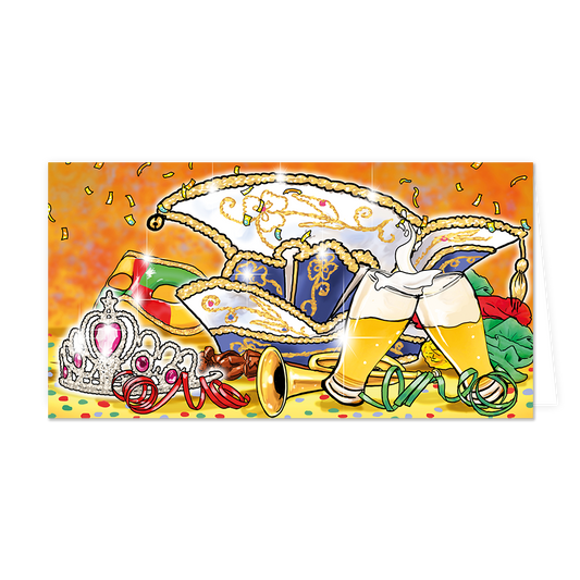 Op deze wenskaart staat een feestelijke illustratie met een blauw-witte carnavalssteek, een fonkelende tiara met roze edelstenen en een kleurrijk masker. Op de voorgrond proosten twee glazen bier met schuimende koppen tegen elkaar, geflankeerd door een gouden trompet en vrolijke kronkelende slingers. De achtergrond is warm oranje en gevuld met dwarrelende gouden confetti en schitteringen die de feestvreugde benadrukken.