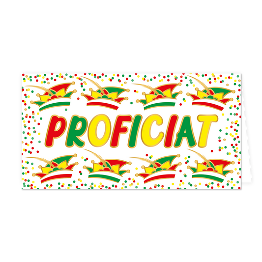 Op deze wenskaart staat de tekst "PROFICIAT" centraal in grote letters die afwisselend rood, groen en geel gekleurd zijn met een gouden omlijning. De tekst wordt omringd door acht kleurrijke carnavalssteken, verdeeld in twee rijen van vier boven en onder het woord. De achtergrond is wit en volledig gevuld met kleine rode, groene en gele confettistippen.