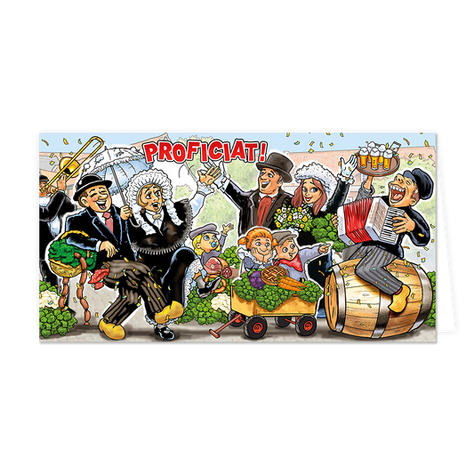 Op deze wenskaart staat de rode tekst "PROFICIAT!" bovenaan een rijk geïllustreerde, feestelijke scène met diverse personages in traditionele kledij. De afbeelding toont lachende mensen die muziek maken met een trombone en accordeon, terwijl anderen proosten met bier of groenten vervoeren in een karretje. Verschillende figuren dragen klederdracht, zoals kanten mutsen en boerenkielen, en een man zit zelfs op een groot houten vat.