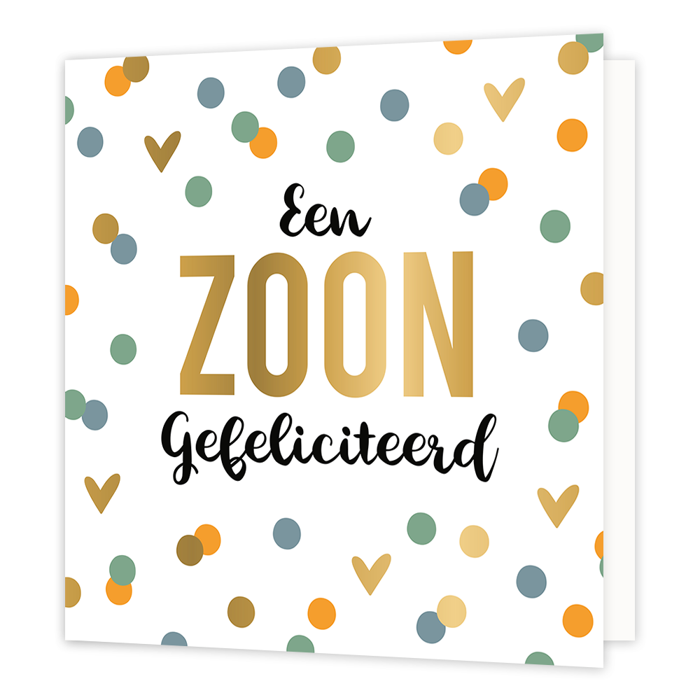XL - Een zoon gefeliciteerd - Formaat: Groot - Vorm: Vierkant - Geboortekaart - Op deze wenskaart staan stippen en hartjes in de kleuren blauw, groen en goud, op een witte achtergrond. In het midden staat de tekst: "Een zoon gefeliciteerd". - Snelwenskaart