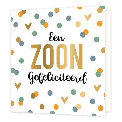 XL - Een zoon gefeliciteerd - Formaat: Groot - Vorm: Vierkant - Geboortekaart - Op deze wenskaart staan stippen en hartjes in de kleuren blauw, groen en goud, op een witte achtergrond. In het midden staat de tekst: "Een zoon gefeliciteerd". - Snelwenskaart