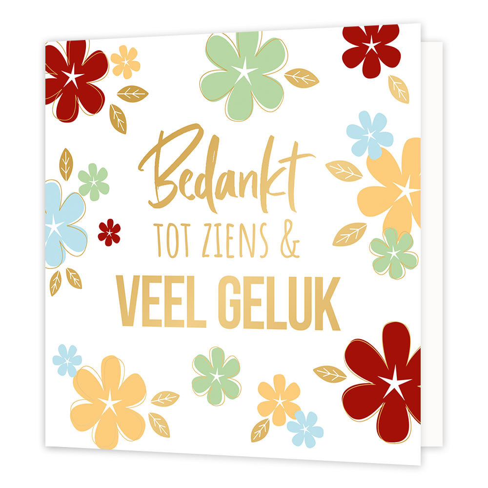 XL - Bedankt tot ziens en veel geluk - Formaat: Groot - Vorm: Vierkant - Afscheidskaart - Op deze wenskaart staan bloemen in de kleuren blauw, groen, geel en rood met gouden randen. In het midden staat de tekst: "Bedankt tot ziens & veel geluk". - Snelwenskaart