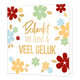 XL - Bedankt tot ziens en veel geluk - Formaat: Groot - Vorm: Vierkant - Afscheidskaart - Op deze wenskaart staan bloemen in de kleuren blauw, groen, geel en rood met gouden randen. In het midden staat de tekst: "Bedankt tot ziens & veel geluk". - Snelwenskaart