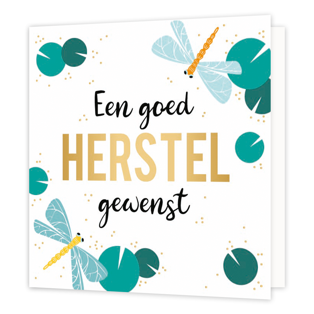 XL - Een goed herstel gewenst - Formaat: Groot - Vorm: Vierkant - Beterschapskaart - Op deze wenskaart staan twee libelles met groene bladeren en in het midden de tekst: "Een goed herstel gewenst". - Snelwenskaart