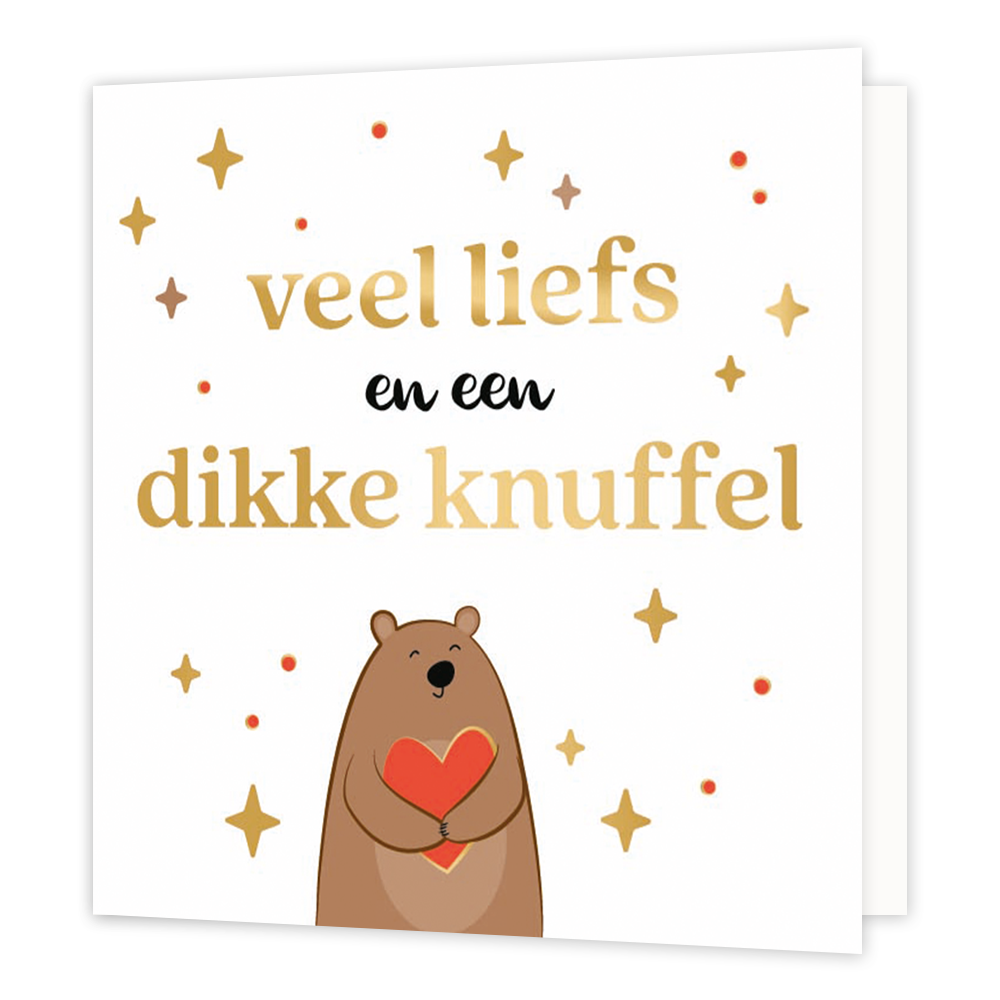 XL - Veel liefs en een dikke knuffel - Formaat: Groot - Vorm: Vierkant - Vriendschapskaart - Op deze wenskaart staat de tekst: "Veel liefs en een dikke knuffel" met een beer eronder die een hartje vasthoudt. - Snelwenskaart