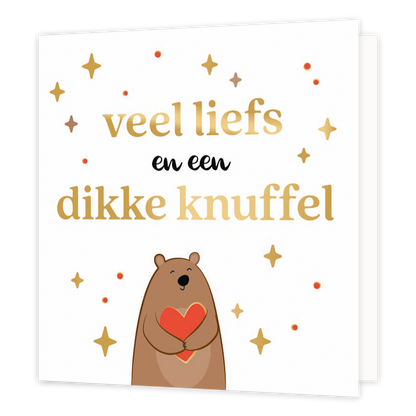 XL - Veel liefs en een dikke knuffel - Formaat: Groot - Vorm: Vierkant - Vriendschapskaart - Op deze wenskaart staat de tekst: "Veel liefs en een dikke knuffel" met een beer eronder die een hartje vasthoudt. - Snelwenskaart