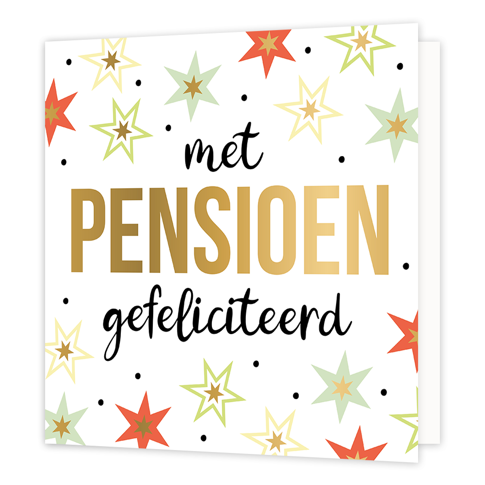 XL - Met pensioen gefeliciteerd - Formaat: Groot - Vorm: Vierkant - Pensioenkaart - Op deze wenskaart staan sterren in de kleuren groen, mintgroen, geel, rood en goud met zwarte stippen. In het midden staat de tekst: "Met pensioen gefeliciteerd". - Snelwenskaart