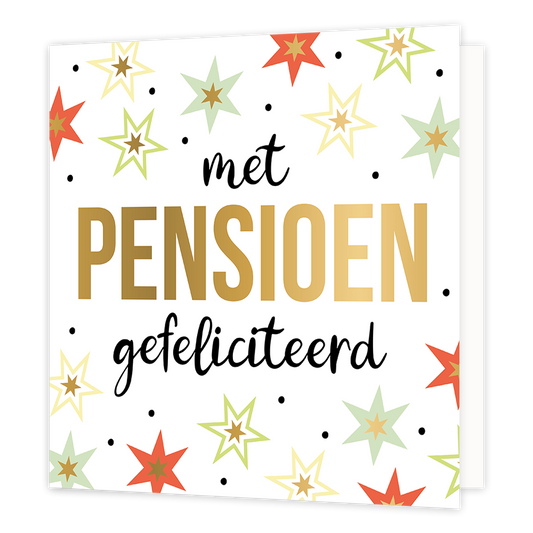 XL - Met pensioen gefeliciteerd - Formaat: Groot - Vorm: Vierkant - Pensioenkaart - Op deze wenskaart staan sterren in de kleuren groen, mintgroen, geel, rood en goud met zwarte stippen. In het midden staat de tekst: "Met pensioen gefeliciteerd". - Snelwenskaart