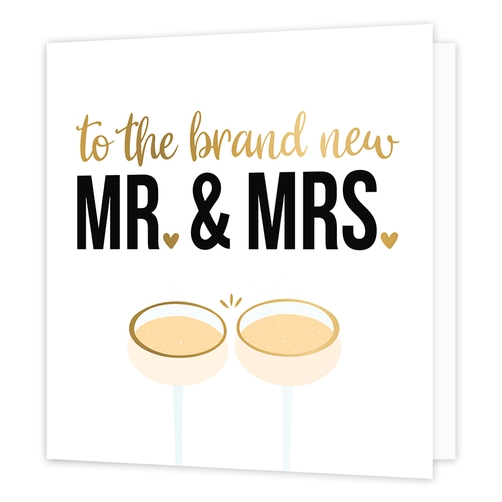 XL - To the brand new mr and mrs - Formaat: Groot - Vorm: Vierkant - Huwelijkskaart - Op deze wenskaart staan twee cocktailglazen met daarboven de tekst: "To the brand new MR & MRS". - Snelwenskaart