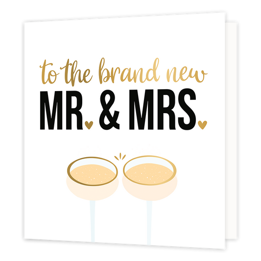 XL - To the brand new mr and mrs - Formaat: Groot - Vorm: Vierkant - Huwelijkskaart - Op deze wenskaart staan twee cocktailglazen met daarboven de tekst: "To the brand new MR & MRS". - Snelwenskaart