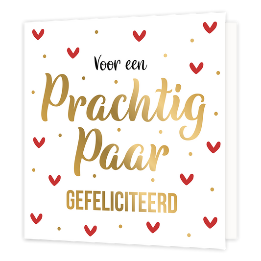 XL - Voor een prachtig paar - Formaat: Groot - Vorm: Vierkant - Huwelijkskaart - Op deze wenskaart staan rode hartjes met gouden stippen en in het midden de tekst: "Voor een prachtig paar gefeliciteerd". - Snelwenskaart