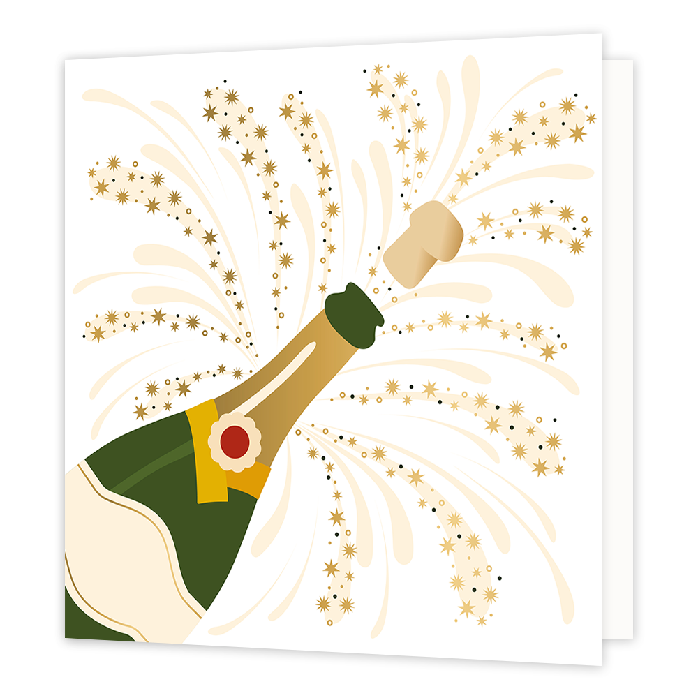 XL - Champagne fles - Formaat: Groot - Vorm: Vierkant - Blanco kaart - Op deze wenskaart staat een champagnefles met gouden sterren op de achtergrond. - Snelwenskaart