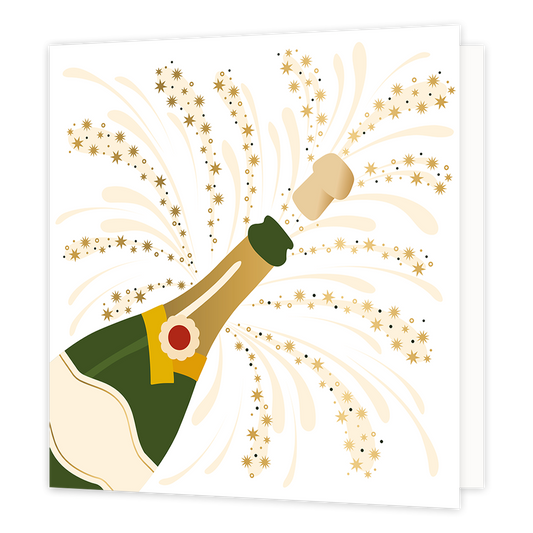 XL - Champagne fles - Formaat: Groot - Vorm: Vierkant - Blanco kaart - Op deze wenskaart staat een champagnefles met gouden sterren op de achtergrond. - Snelwenskaart