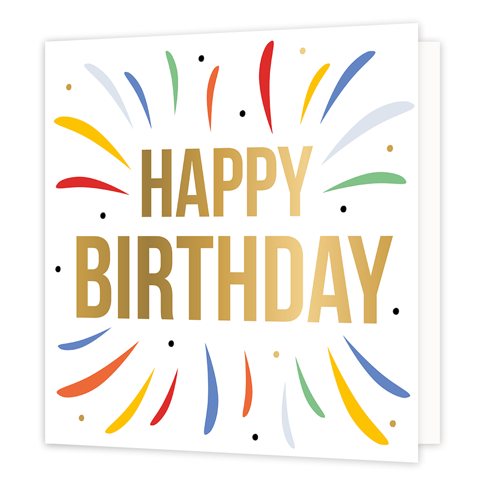 XL - Happy birthday - Formaat: Groot - Vorm: Vierkant - Verjaardagskaart - Op deze wenskaart staan lijnen in de kleuren groen, blauw, oranje, rood en geel. In het midden staat de tekst: "Happy birthday". - Snelwenskaart