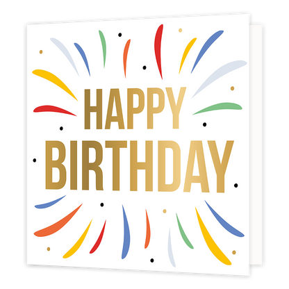 XL - Happy birthday - Formaat: Groot - Vorm: Vierkant - Verjaardagskaart - Op deze wenskaart staan lijnen in de kleuren groen, blauw, oranje, rood en geel. In het midden staat de tekst: "Happy birthday". - Snelwenskaart