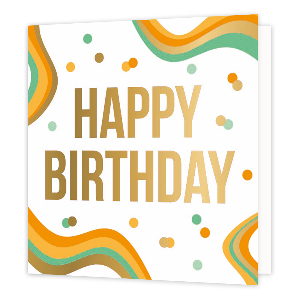 XL - Happy birthday - Formaat: Groot - Vorm: Vierkant - Verjaardagskaart - Op deze wenskaart staan kronkelende lijnen en stippen in de kleuren goud,oranje en groen met in het midden de tekst: "Happy birthday". - Snelwenskaart