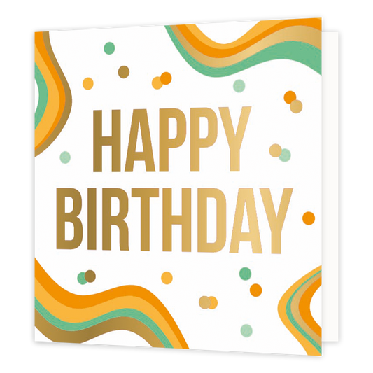 XL - Happy birthday - Formaat: Groot - Vorm: Vierkant - Verjaardagskaart - Op deze wenskaart staan kronkelende lijnen en stippen in de kleuren goud,oranje en groen met in het midden de tekst: "Happy birthday". - Snelwenskaart