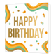 XL - Happy birthday - Formaat: Groot - Vorm: Vierkant - Verjaardagskaart - Op deze wenskaart staan kronkelende lijnen en stippen in de kleuren goud,oranje en groen met in het midden de tekst: "Happy birthday". - Snelwenskaart